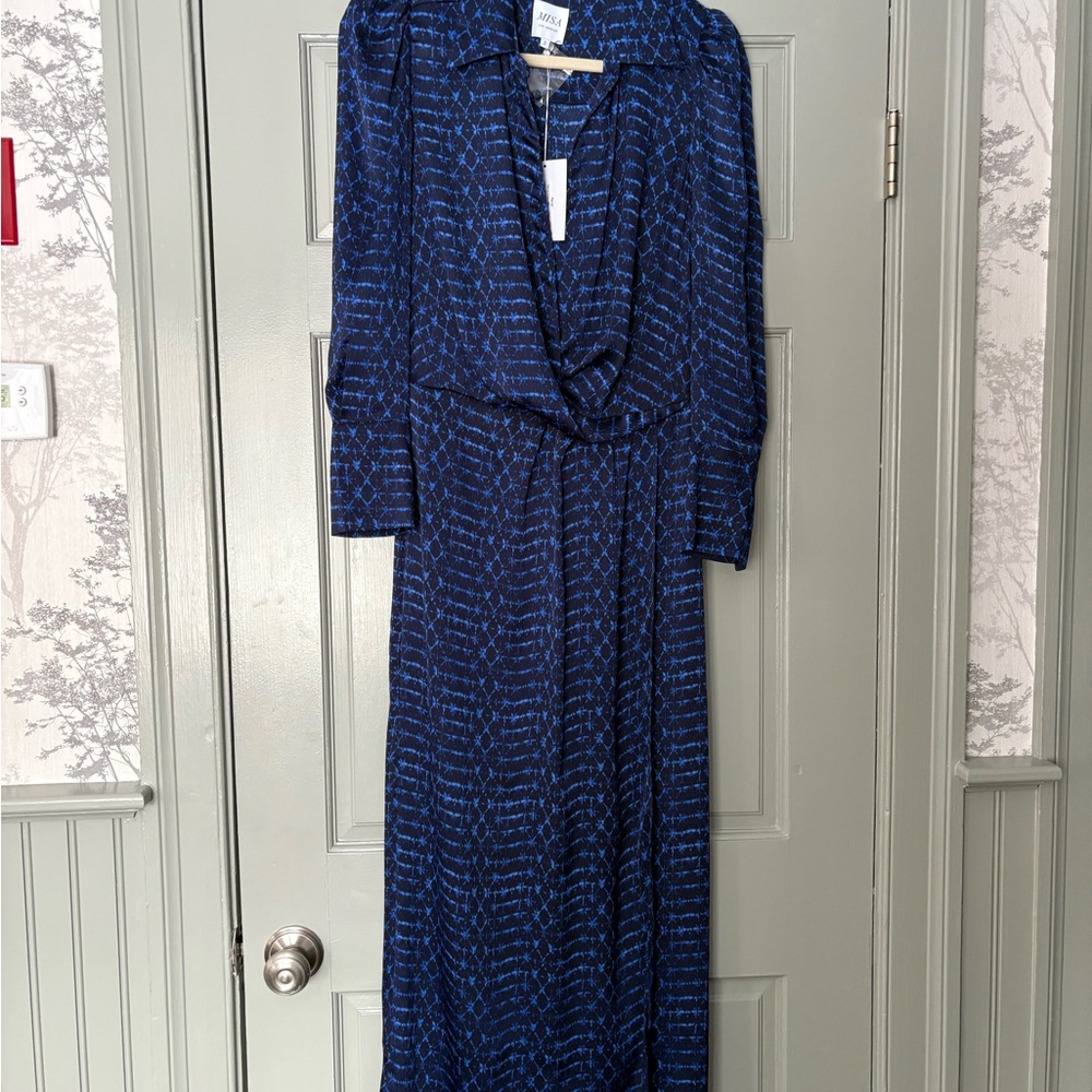 Misa Los Angeles Blue Wrap Tie Front Gown with Long Bishop Sleeves